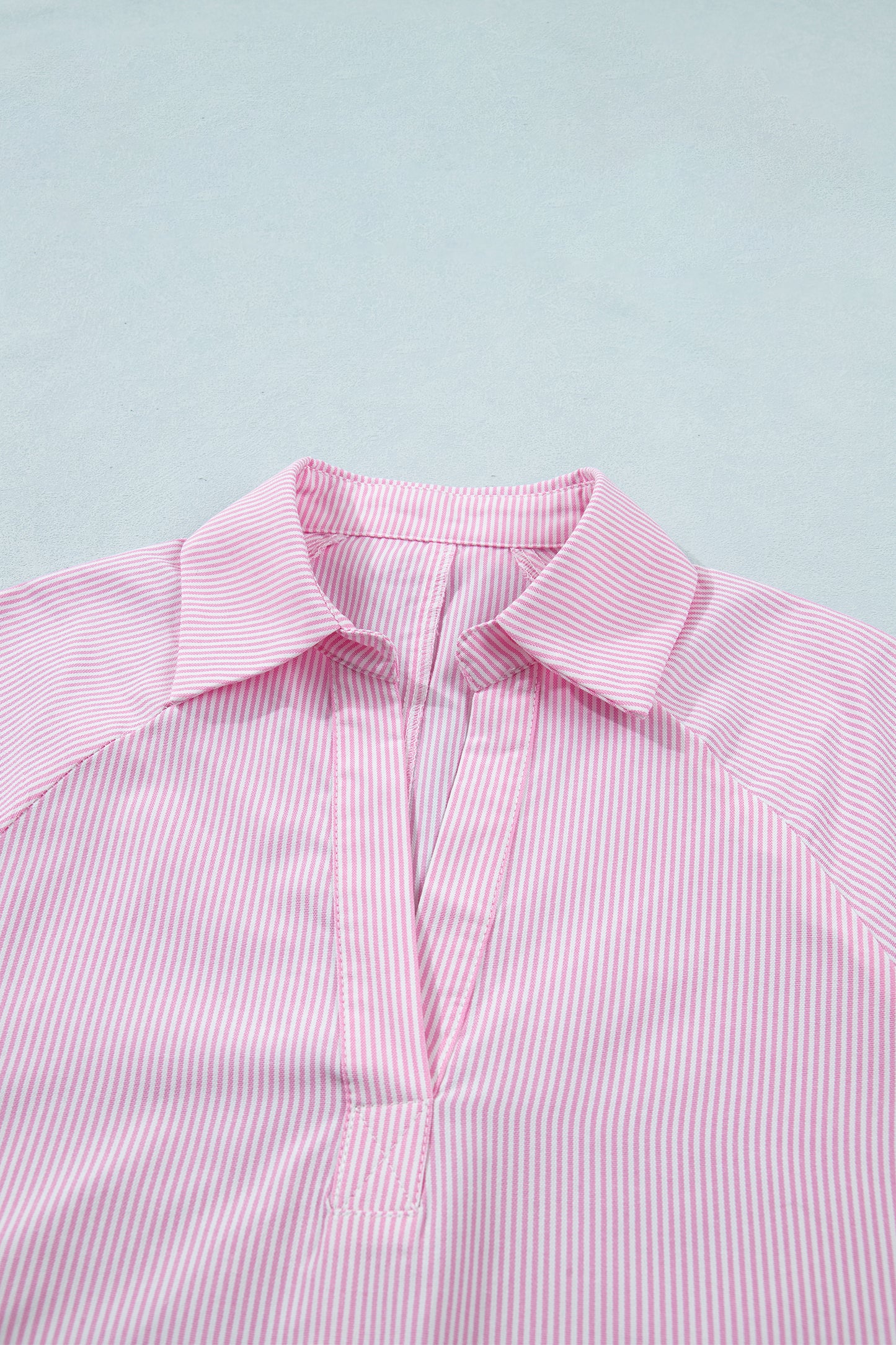 Mint Green Striped V Neck Collared Bubble Sleeve Blouse