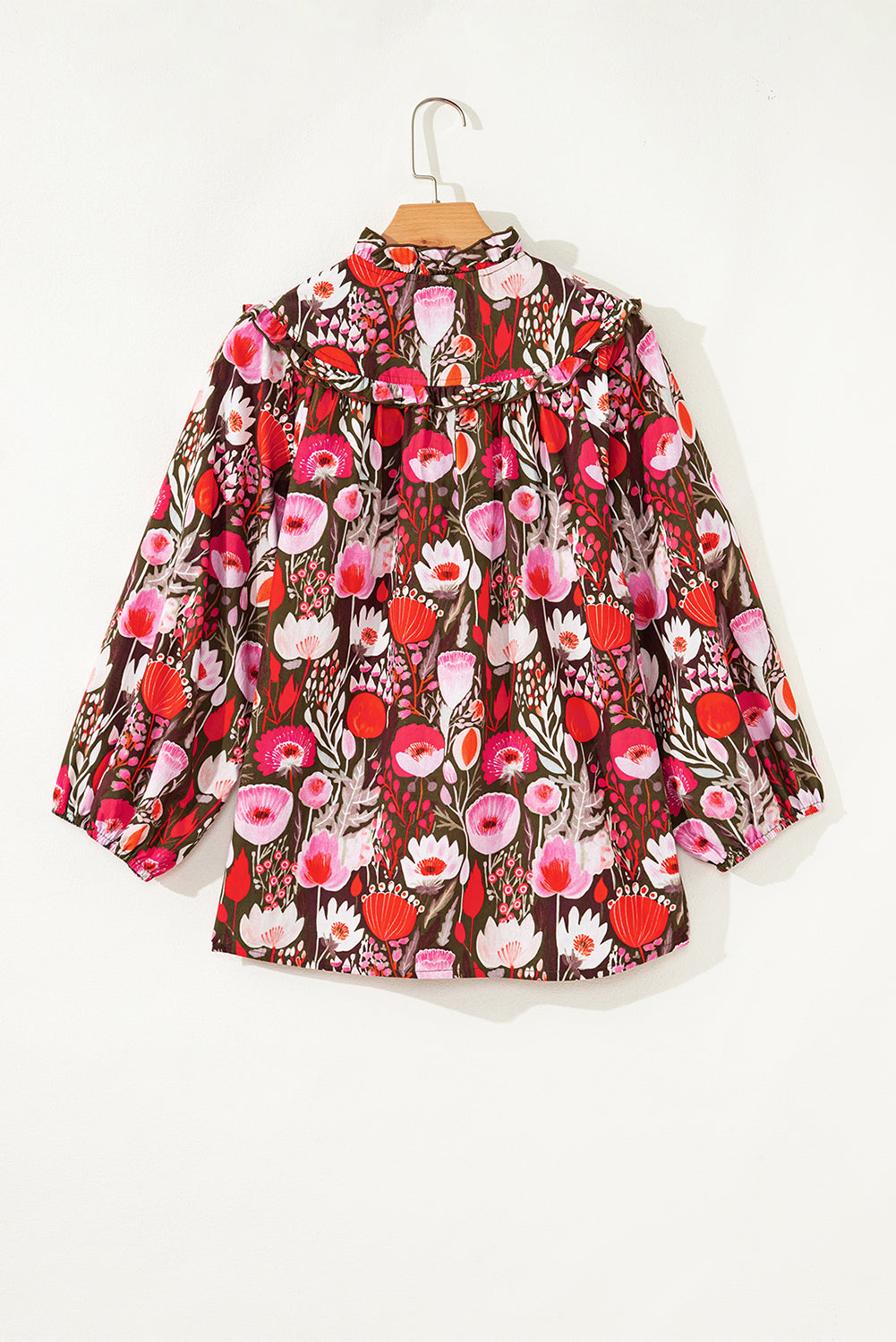 Red Floral 3/4 Sleeve Lace-up Neck Blouse
