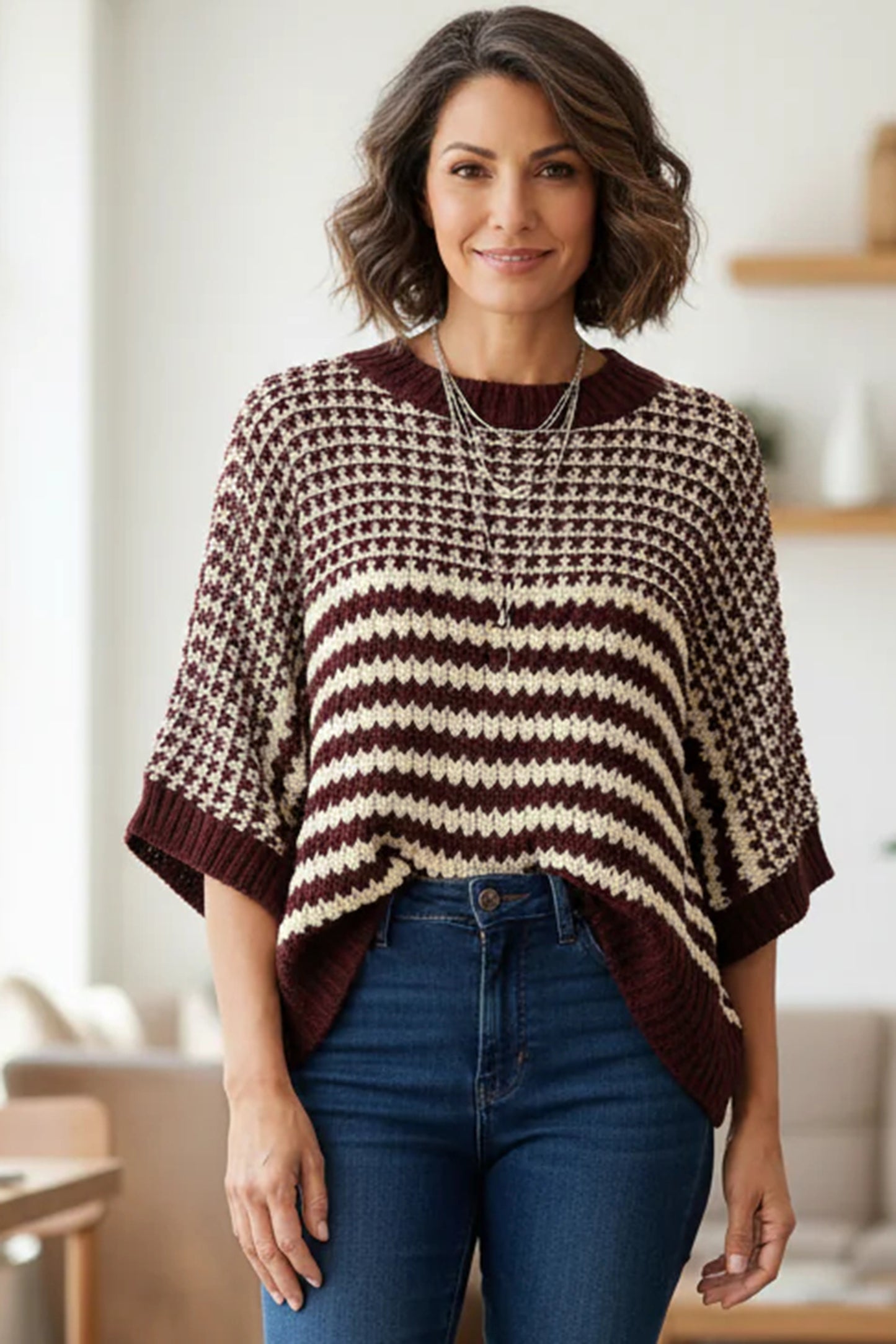 Green Stripe 3/4 Draped Sleeve Slouchy Sweater