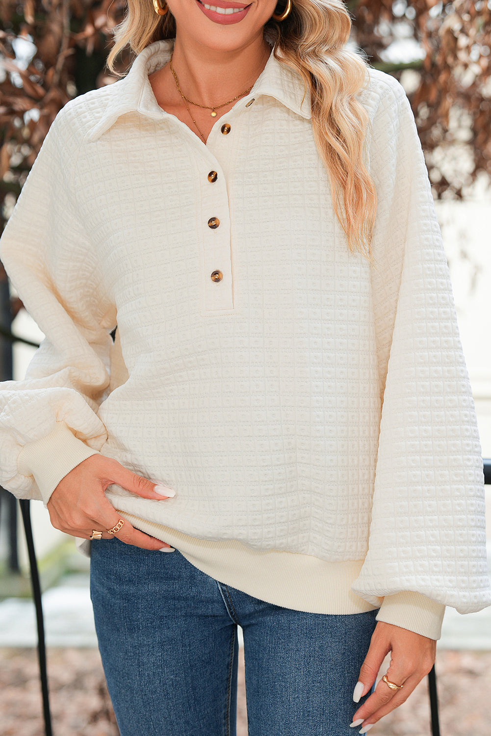 Beige Balloon Sleeve Casual Collared Button Sweatshirt