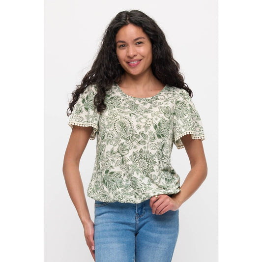 FLORAL KNIT GAUZE CROCHET FASHION TOP