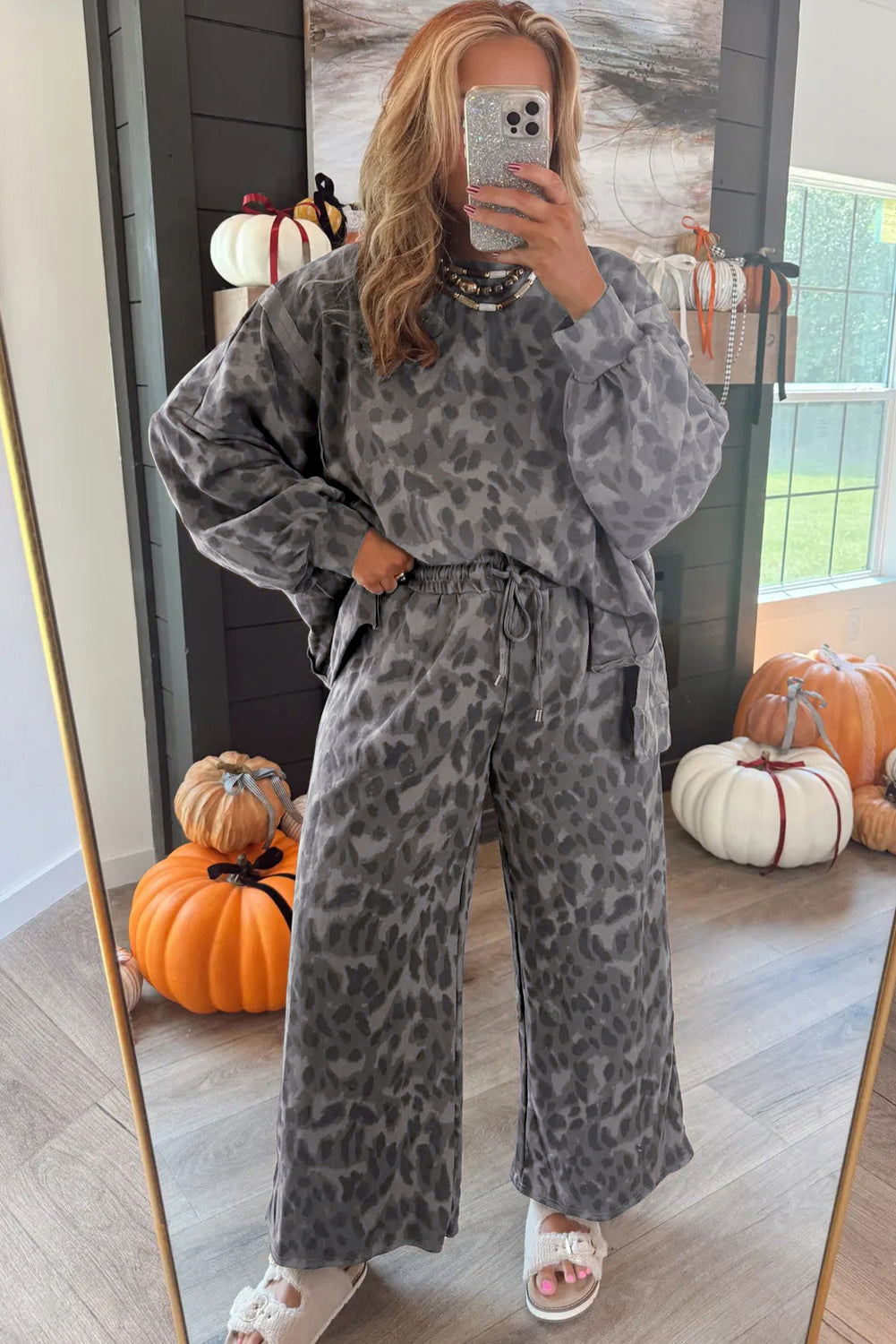 Brown Allover Leopard Print Pullover Drawstring Loose Pants Set