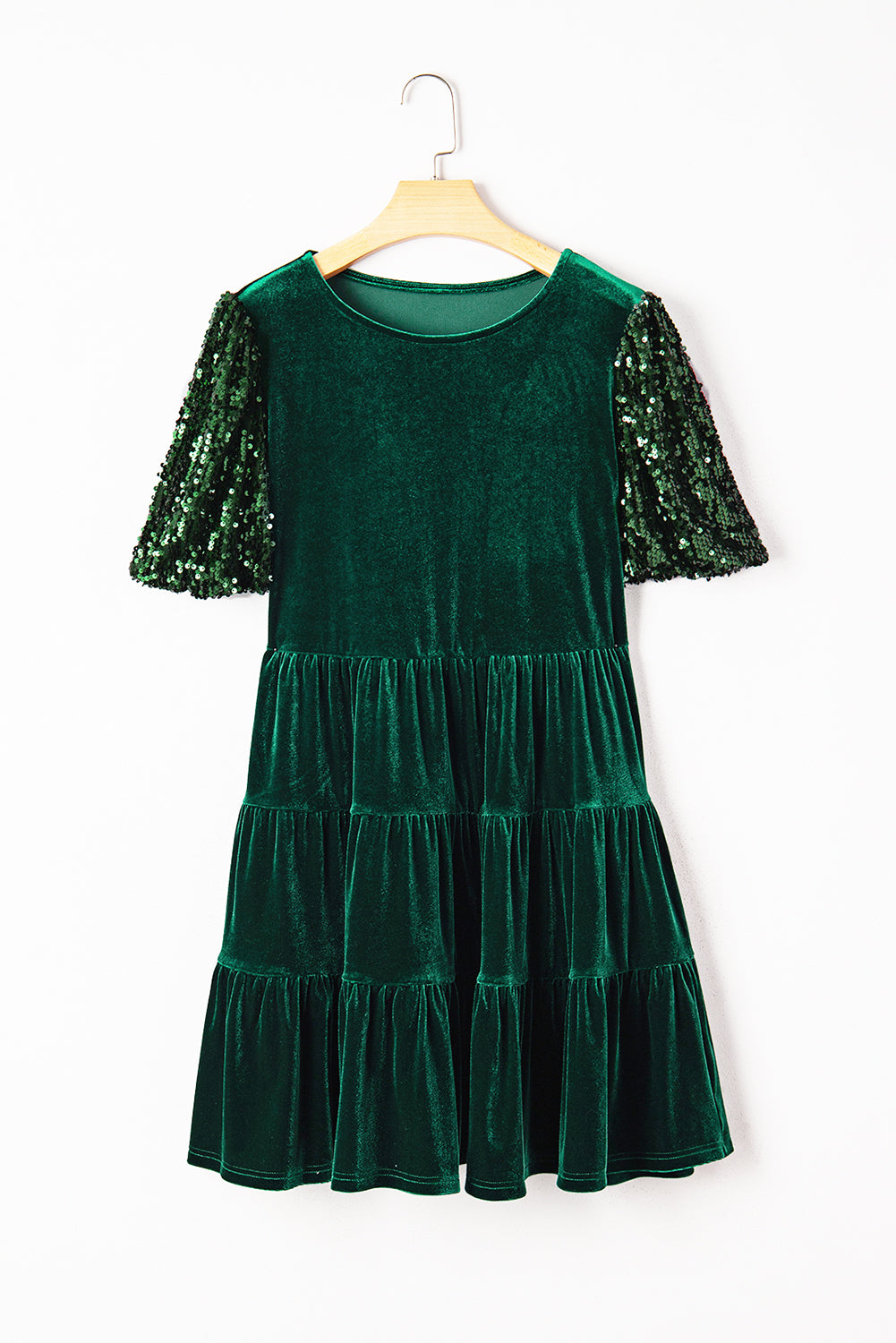 Evergreen Sequin Puff Sleeve High Waist Tiered Velvet Mini Dress