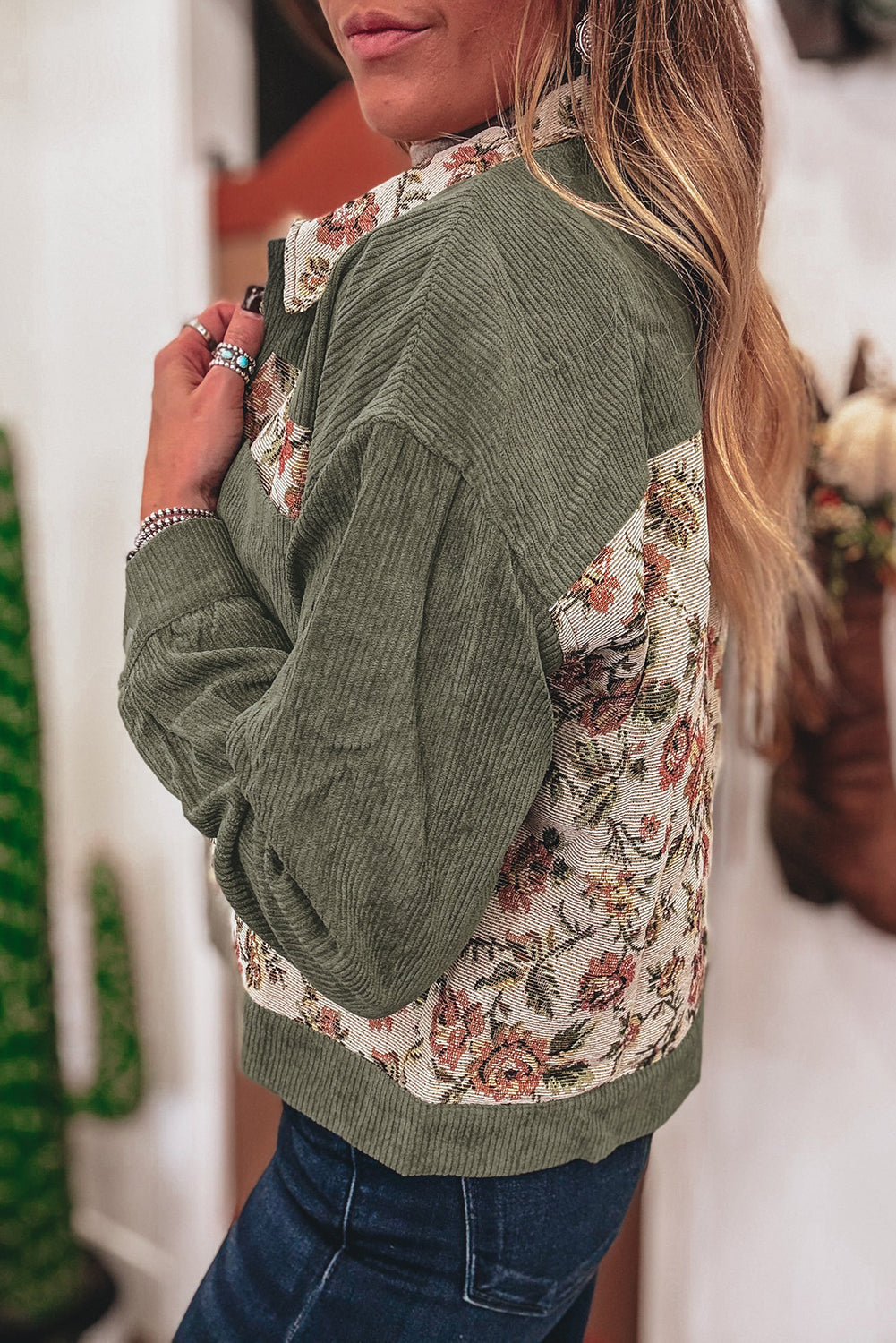 Sage Green Ribbed Retro Floral Patchwork Jacket