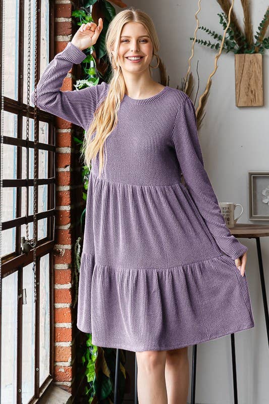 LONG SLEEVE SOLID URBAN RIBBED TIERED MINI DRESS
