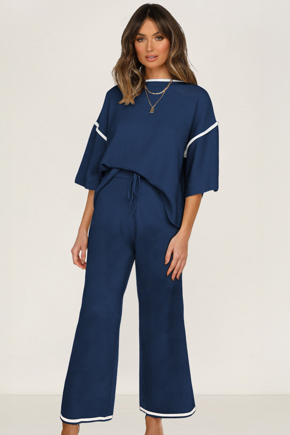 Bright Pink Loose Contrast Trim Half Sleeve Top and Drawstring Pants Set