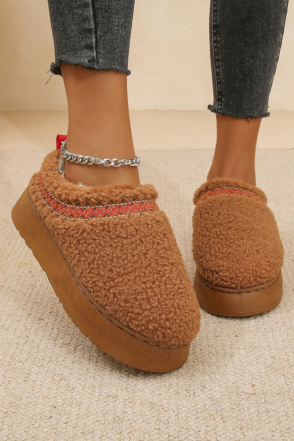 Oatmeal Warm Contrast Trim Plush Thick Sole Slippers
