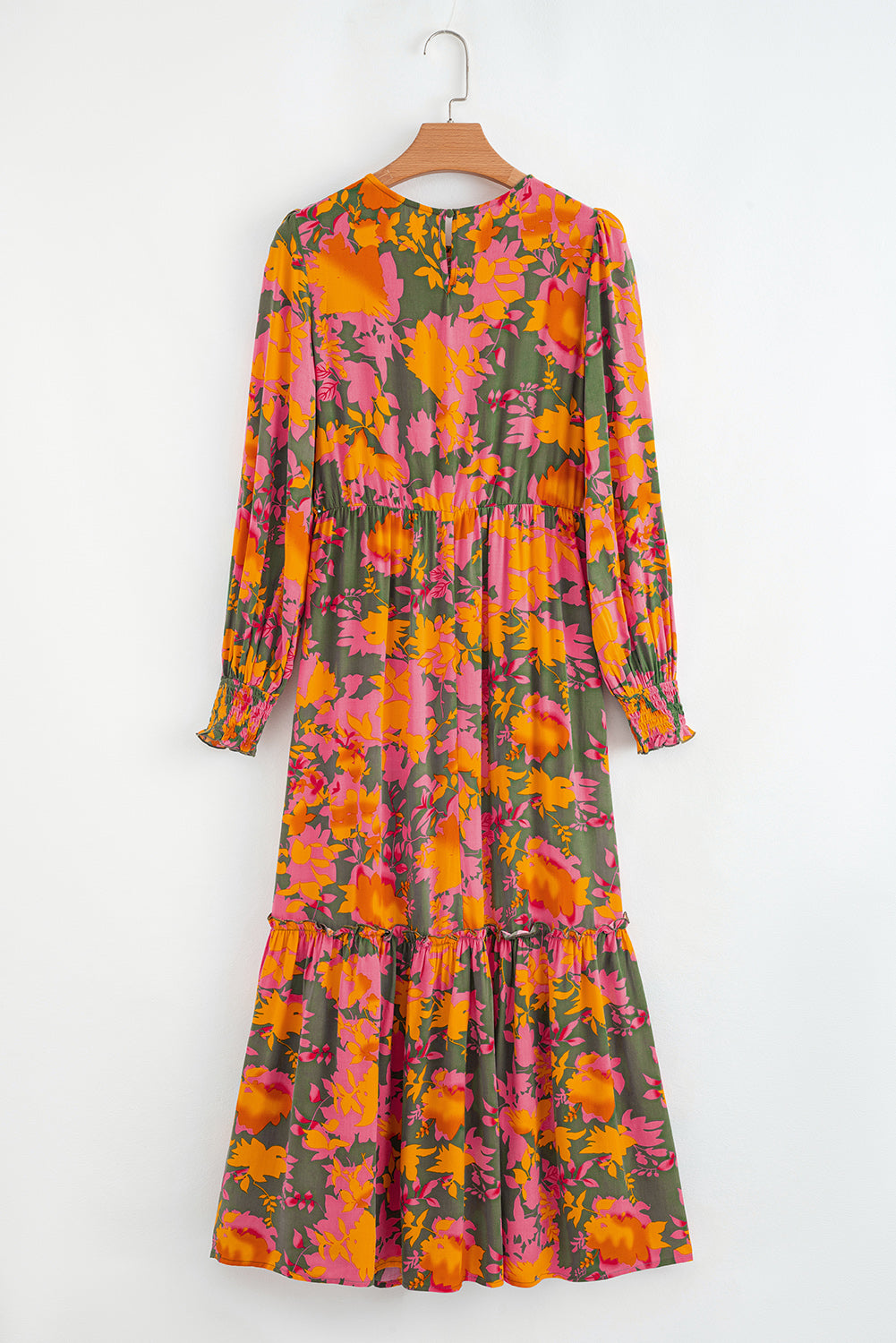 Chestnut Floral Puff Sleeve Smocked Bodice Ruffled Long Dress