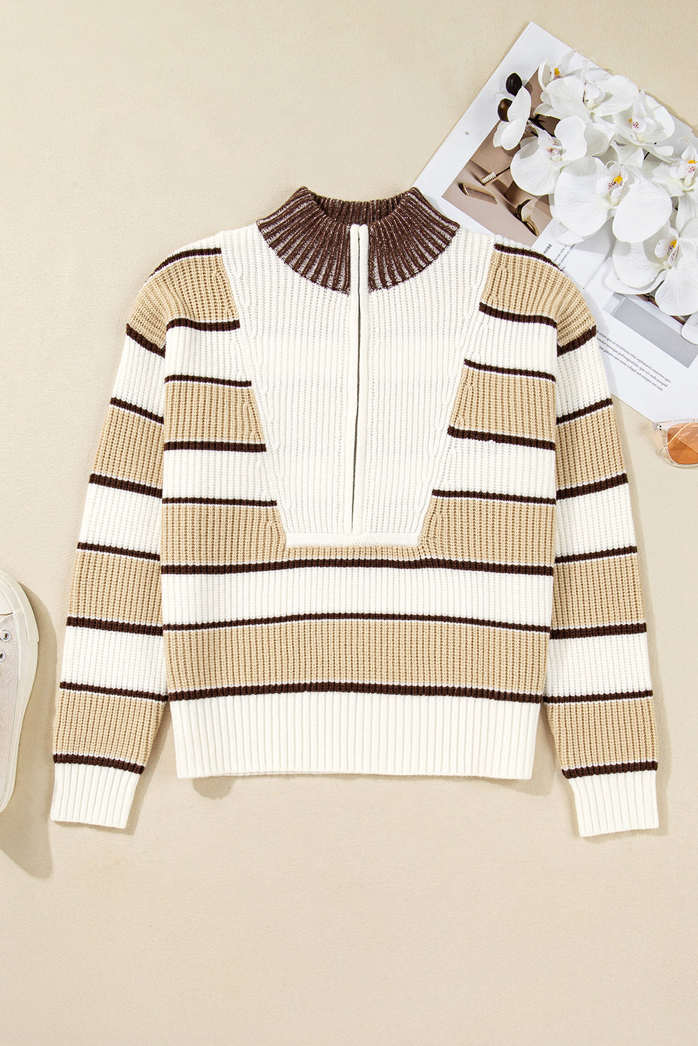 Khaki Striped Colorblock Zip Neck Knit Sweater