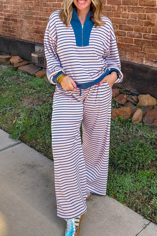 Pink Stripe Striped Colorblock V Neck Long Sleeve Plus Size Set