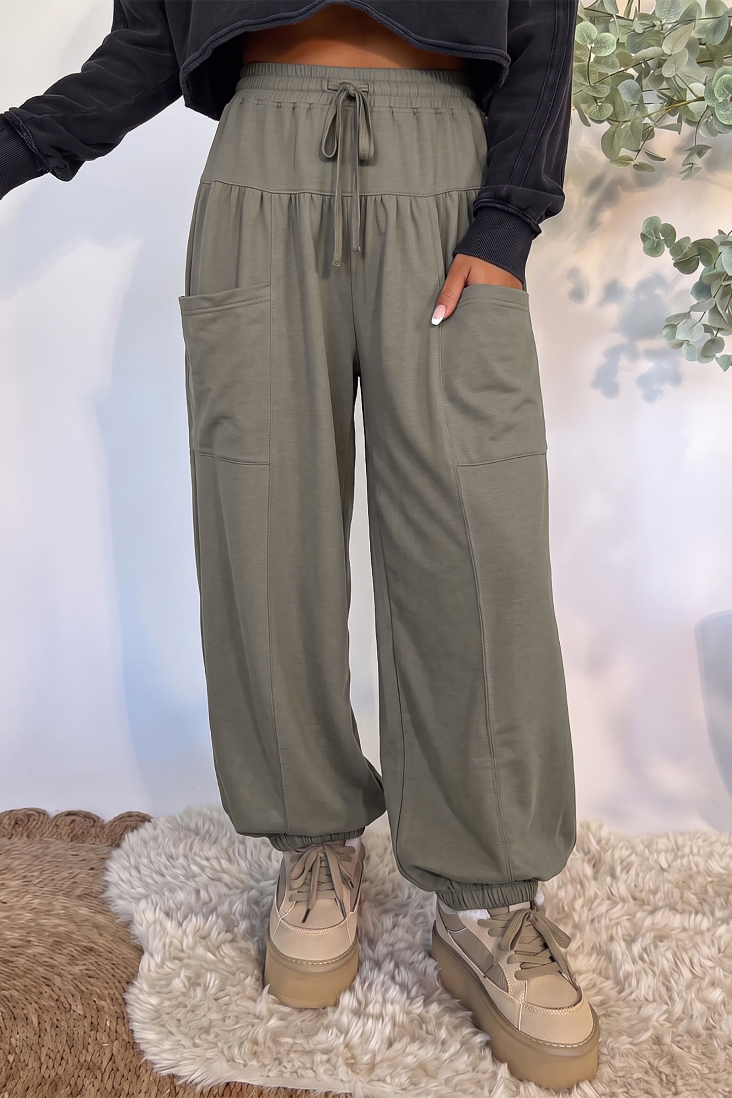Seagrass Elastic Waist Drawstring Wide Leg Full Length Pants