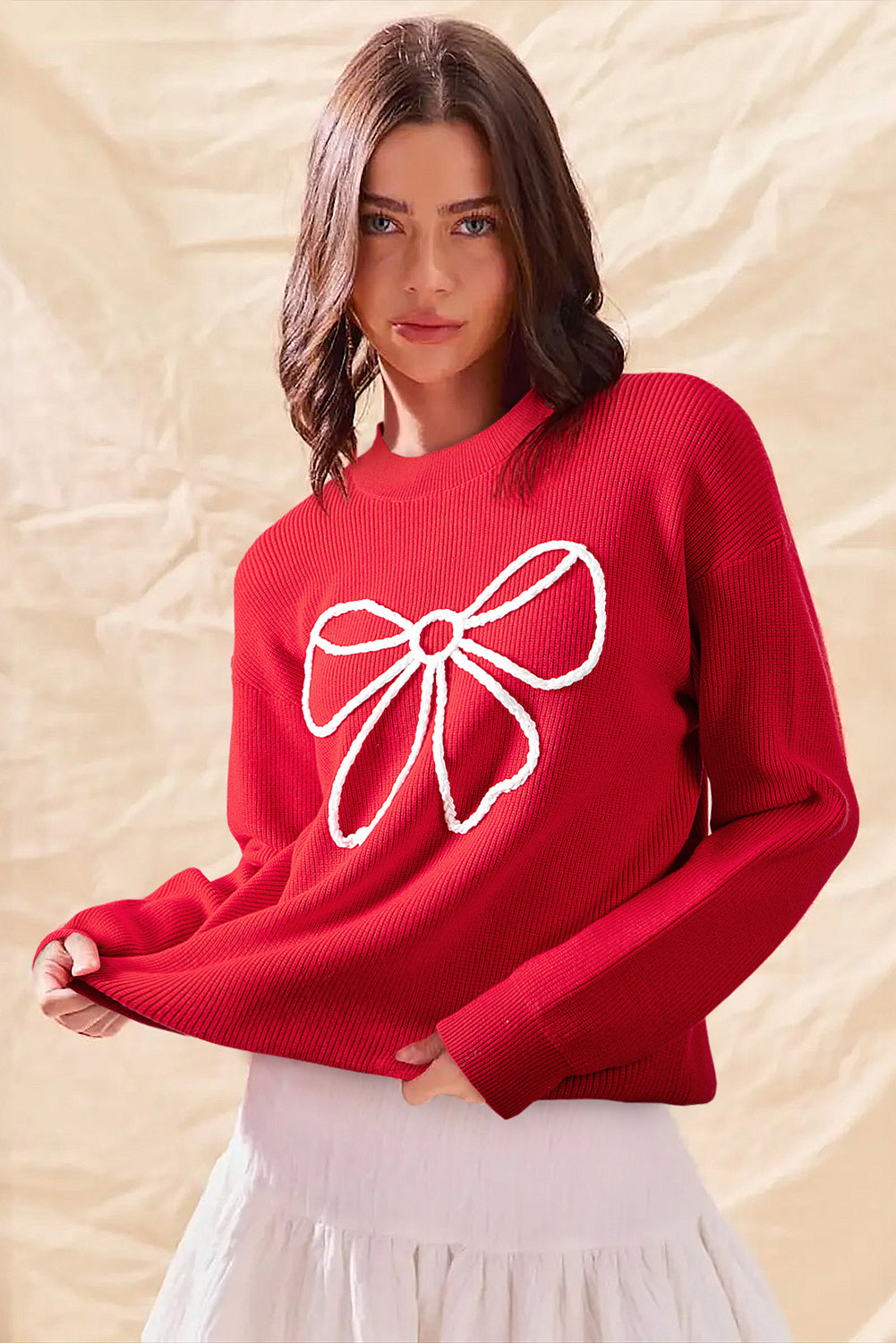 Fiery Red Braided Bow Pattern Sweater