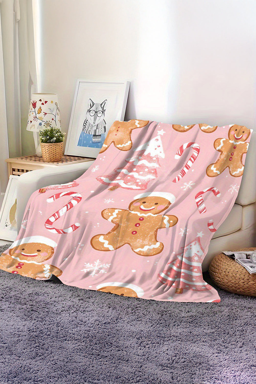Pink Christmas Gingerbread Candy Cane Soft Throw Blanket