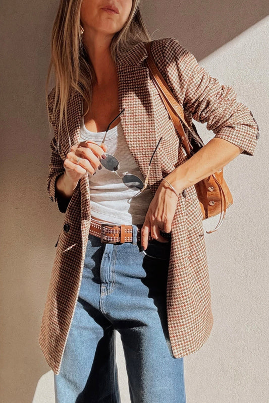 Brown Houndstooth Lapel Collar Blazer