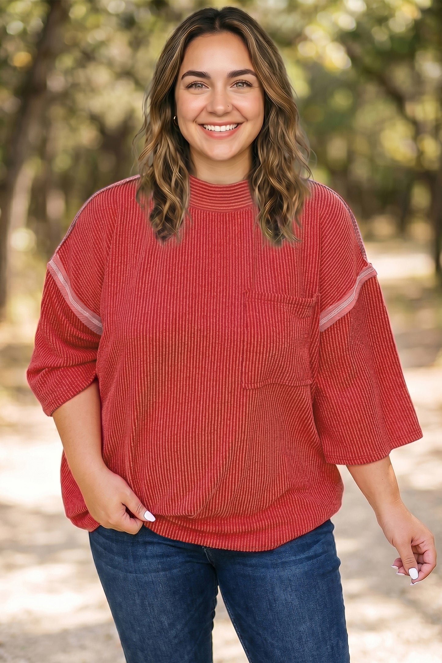 Fiery Red Twist Ribbed Tunic Round Neck Bracelet Sleeve Plus Size Blouse