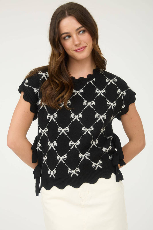 BOW PATTERN SHORT SLEEVE SIDE TIE KNIT PULLOVER