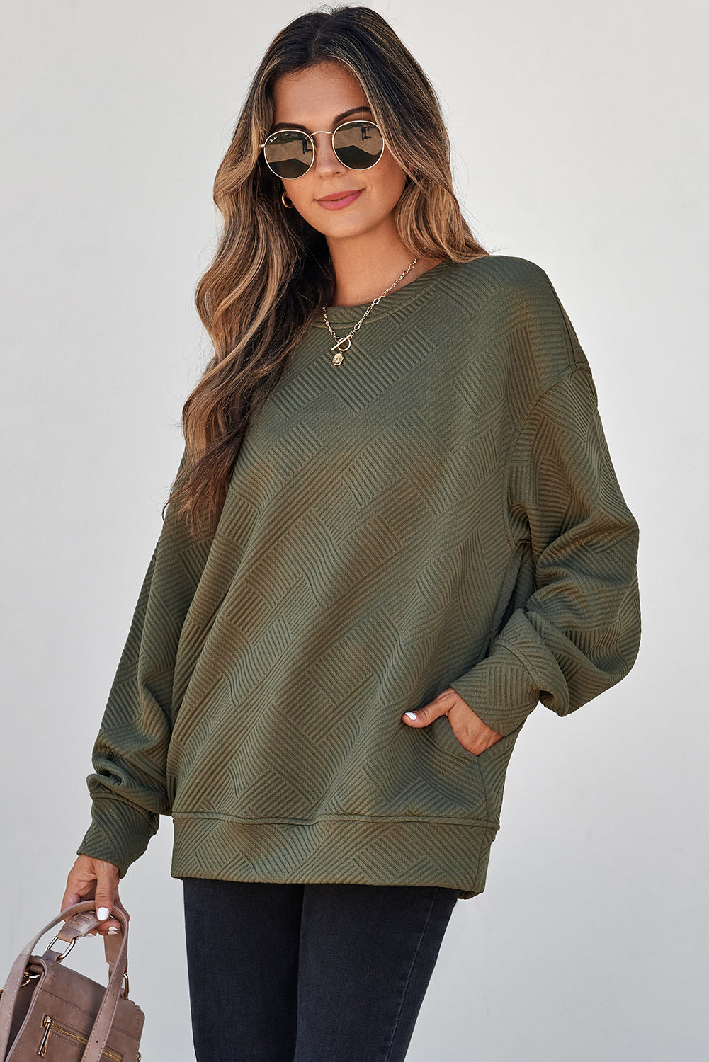Coffee Solid Color Textured Round Neck Drop Shoulder Pullover Sweatshirt