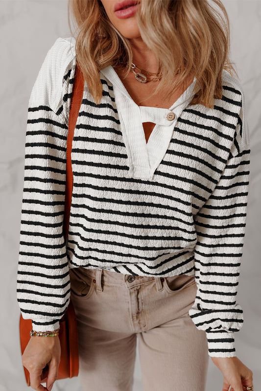 Black Stripe Textured Hooded Long Sleeve Top