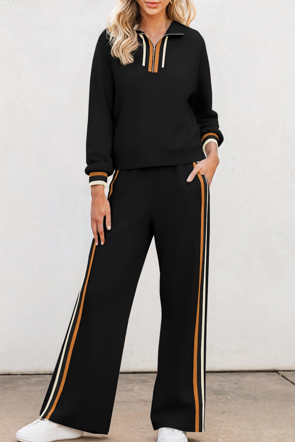 Apricot Striped Patchwork Quarter Zip Pullover Loose Pants Set
