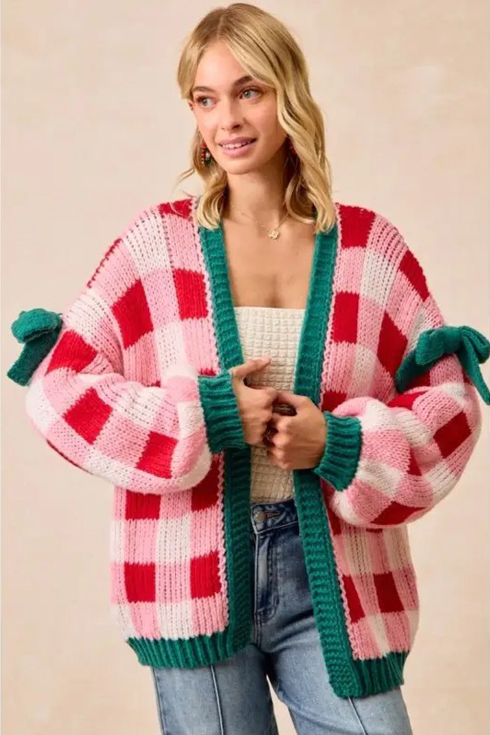 Pink Colorblock Checkered Open Front Knit Cardigan