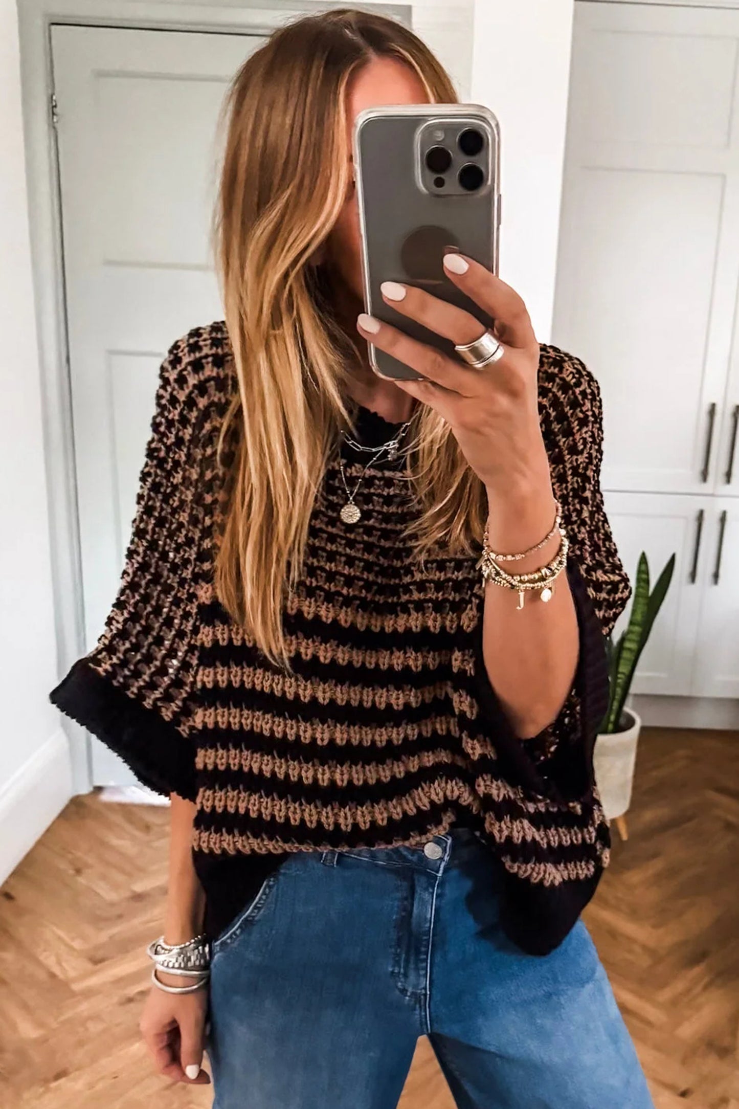 Green Stripe 3/4 Draped Sleeve Slouchy Sweater