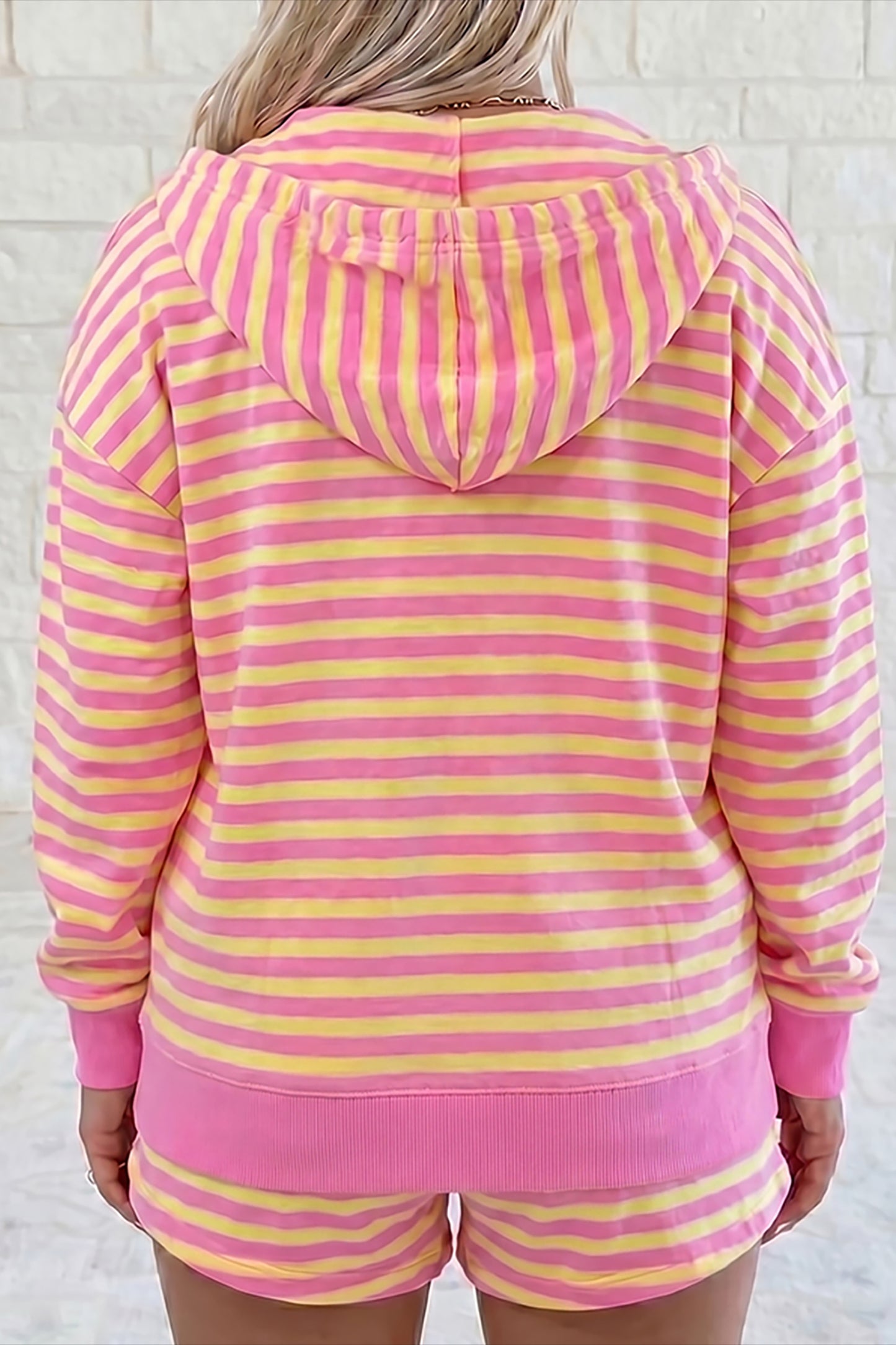 Rose Red Striped Long Sleeve Zip-Up Hoodie Drawstring Elastic Waist 2pcs Short Set