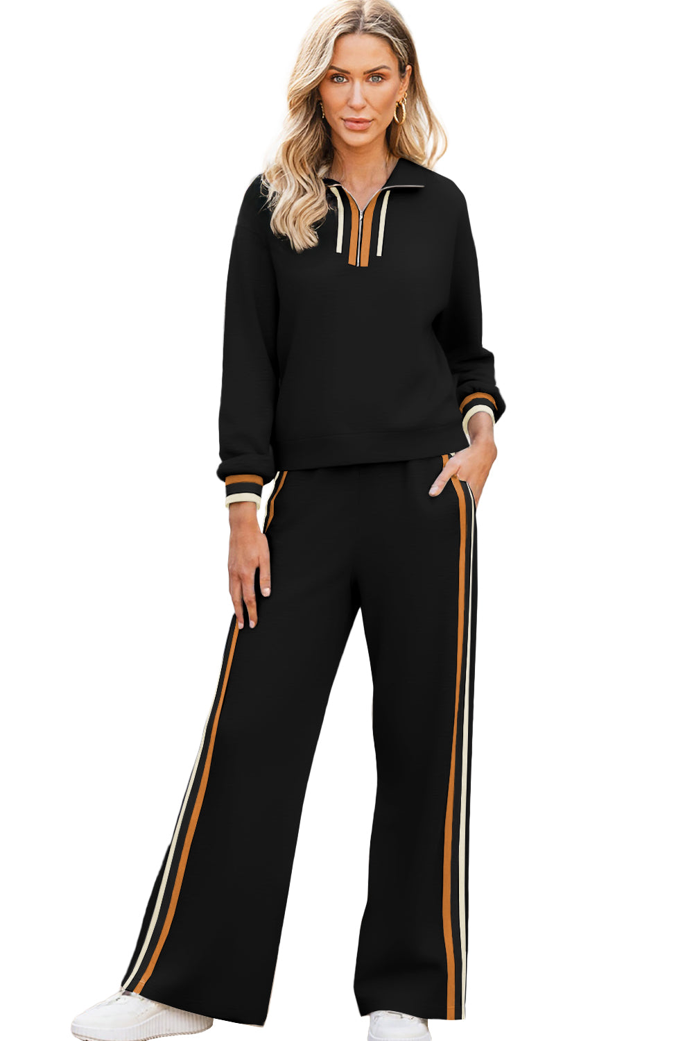 Apricot Striped Patchwork Quarter Zip Pullover Loose Pants Set