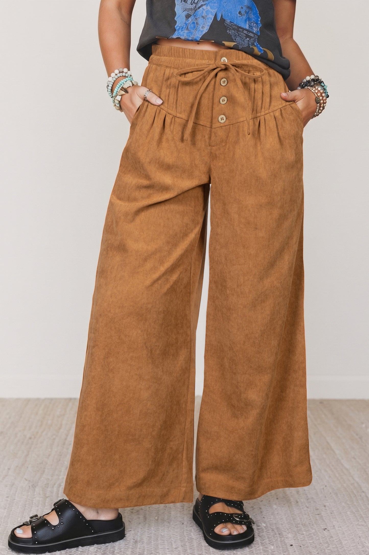 Thai Curry Elastic Waist Wooden Button Placket Ankle Length Wide Leg Pants