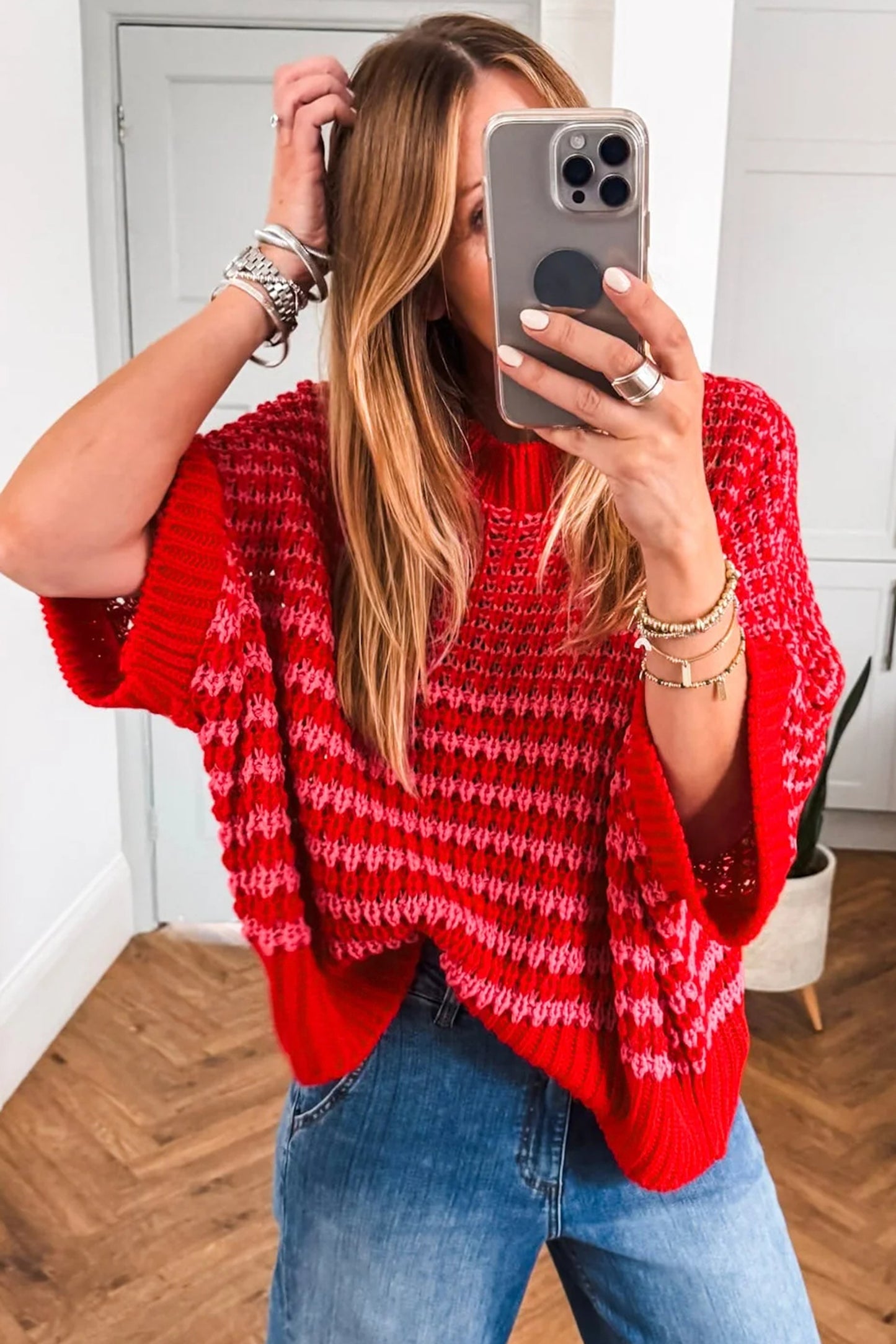 Green Stripe 3/4 Draped Sleeve Slouchy Sweater