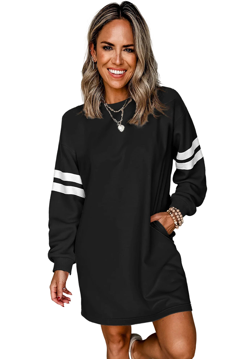 Fiery Red Preppy Striped Sleeve Loose Mini Dress