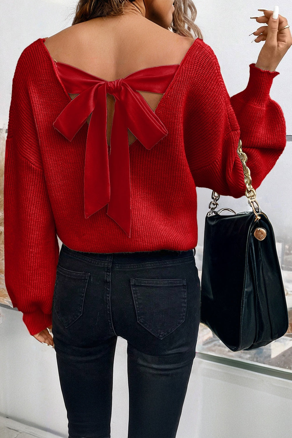 Apricot Lantern Sleeve V Neck Knot Back Sweater