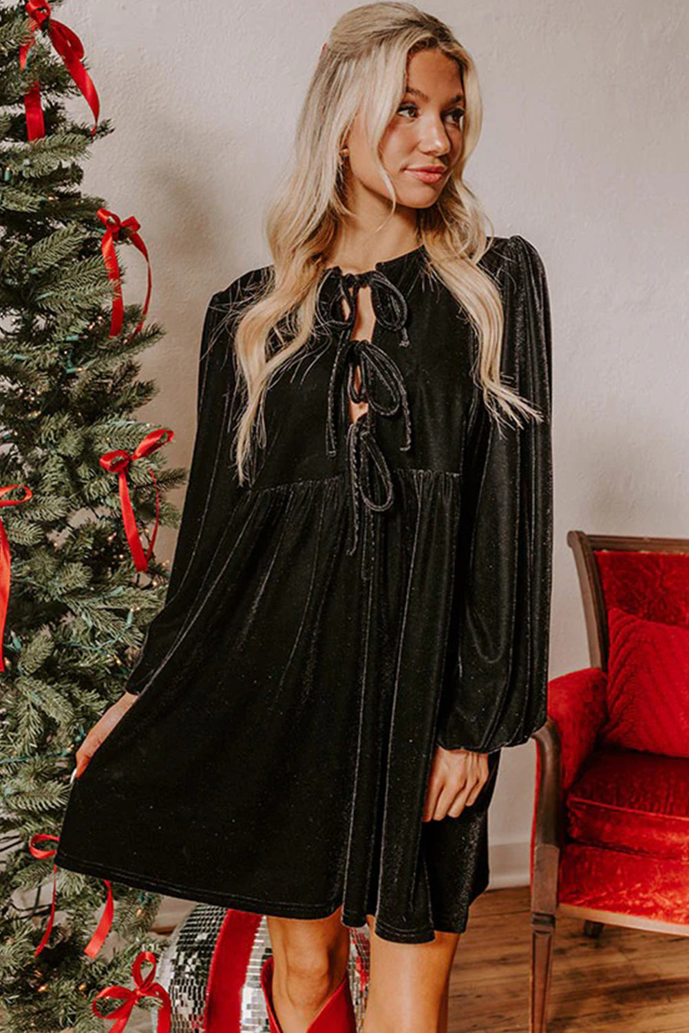 Black Front Tie Velvet Bubble Sleeve Mini Dress