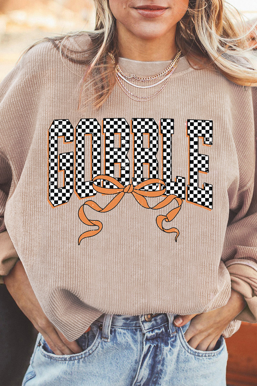 Apricot Twisted Ribbed Texture Checkered GOBBLE Bow Heat Transfer Printing Sweatshirt