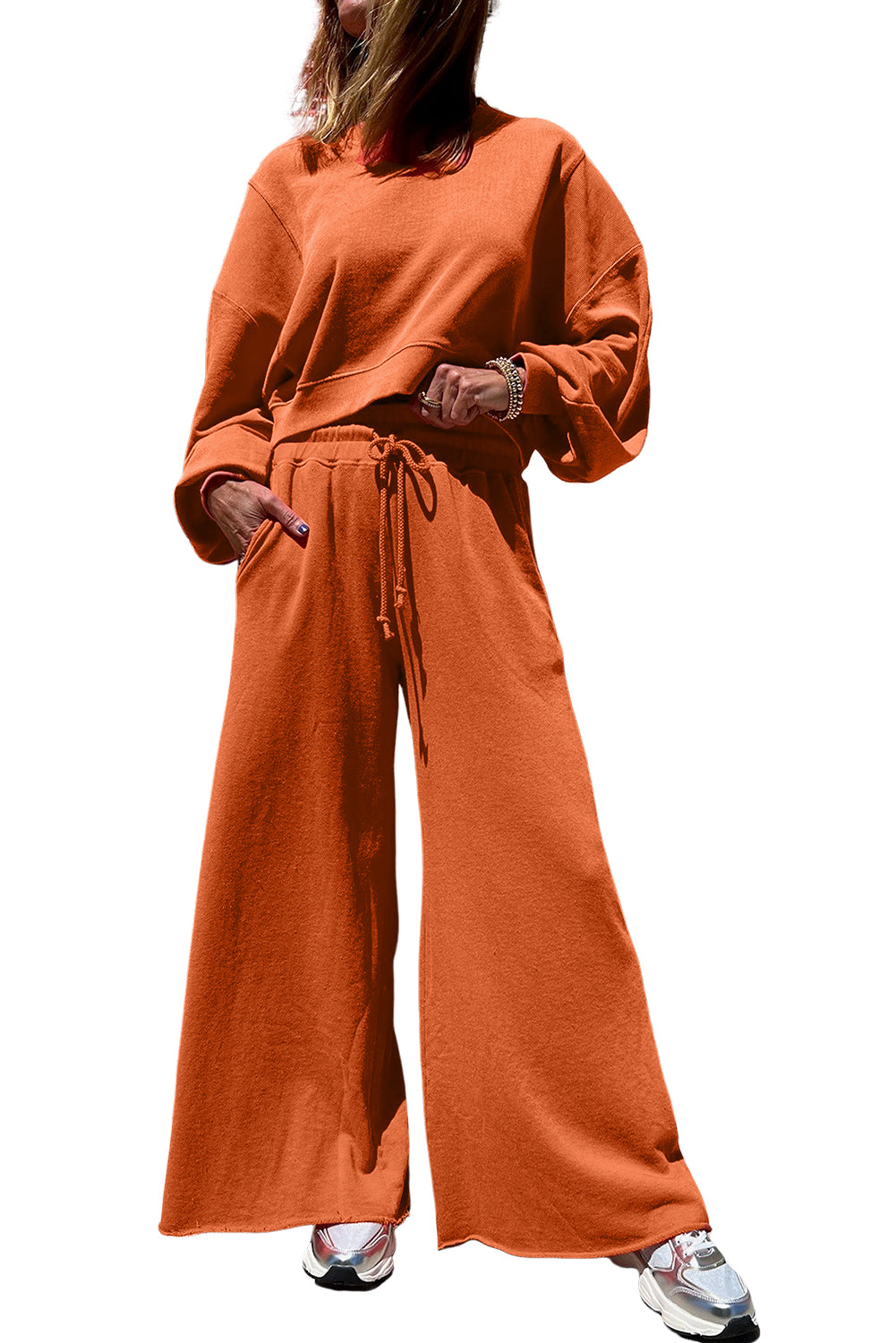 Flamingo Drop Shoulder Crop Pullover Drawstring Wide Leg Pants Set