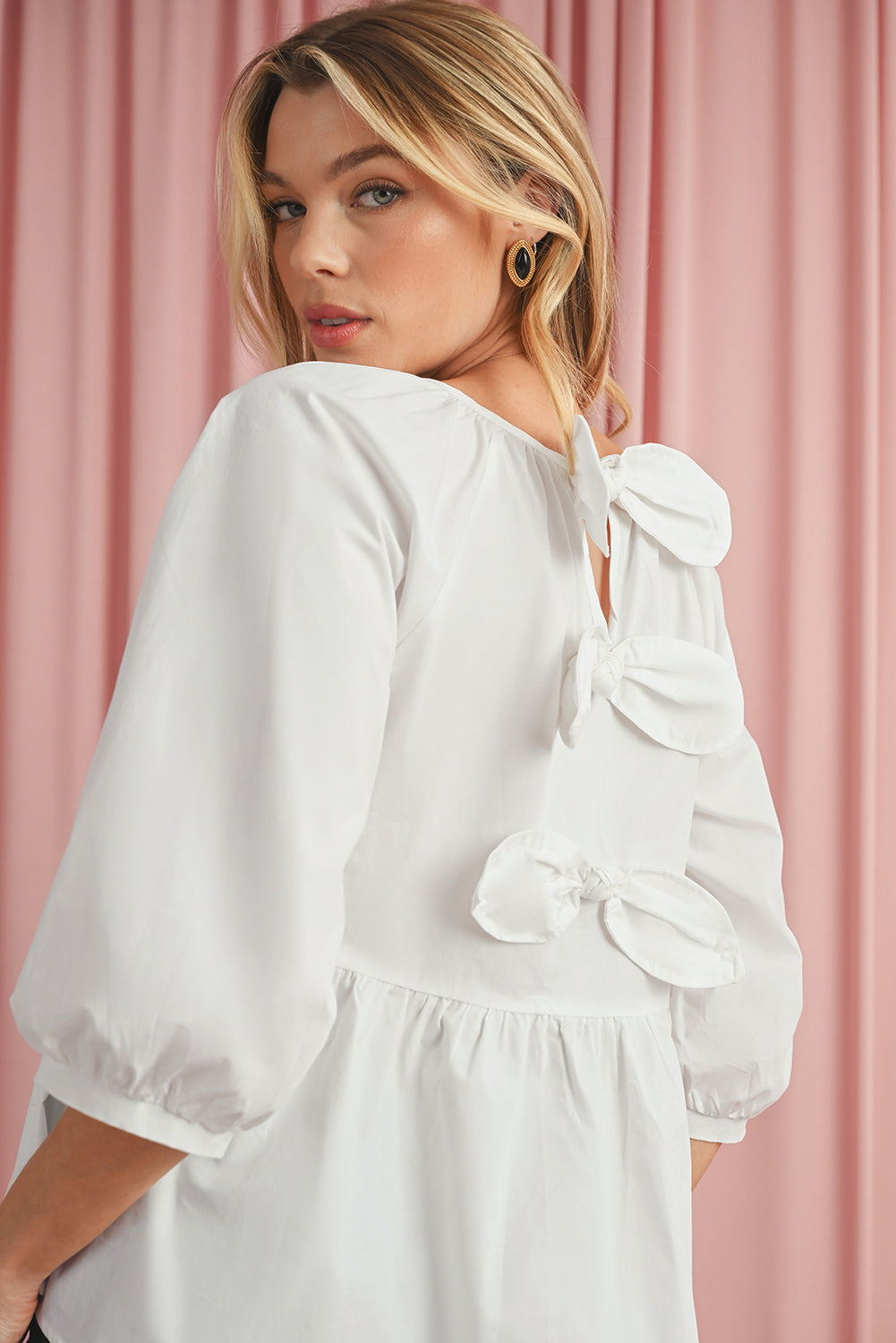 White Bow Knot Cutout Back Loose Fit 3/4 Sleeve Blouse
