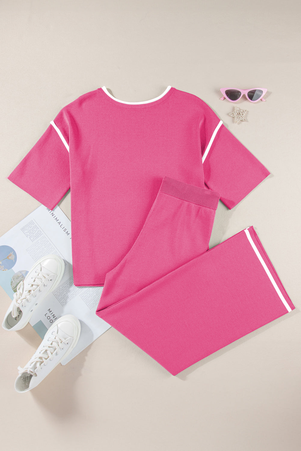 Bright Pink Loose Contrast Trim Half Sleeve Top and Drawstring Pants Set
