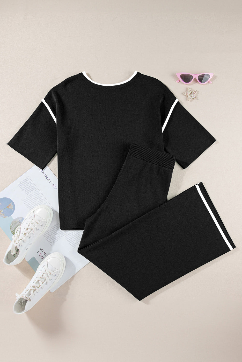 Bright Pink Loose Contrast Trim Half Sleeve Top and Drawstring Pants Set