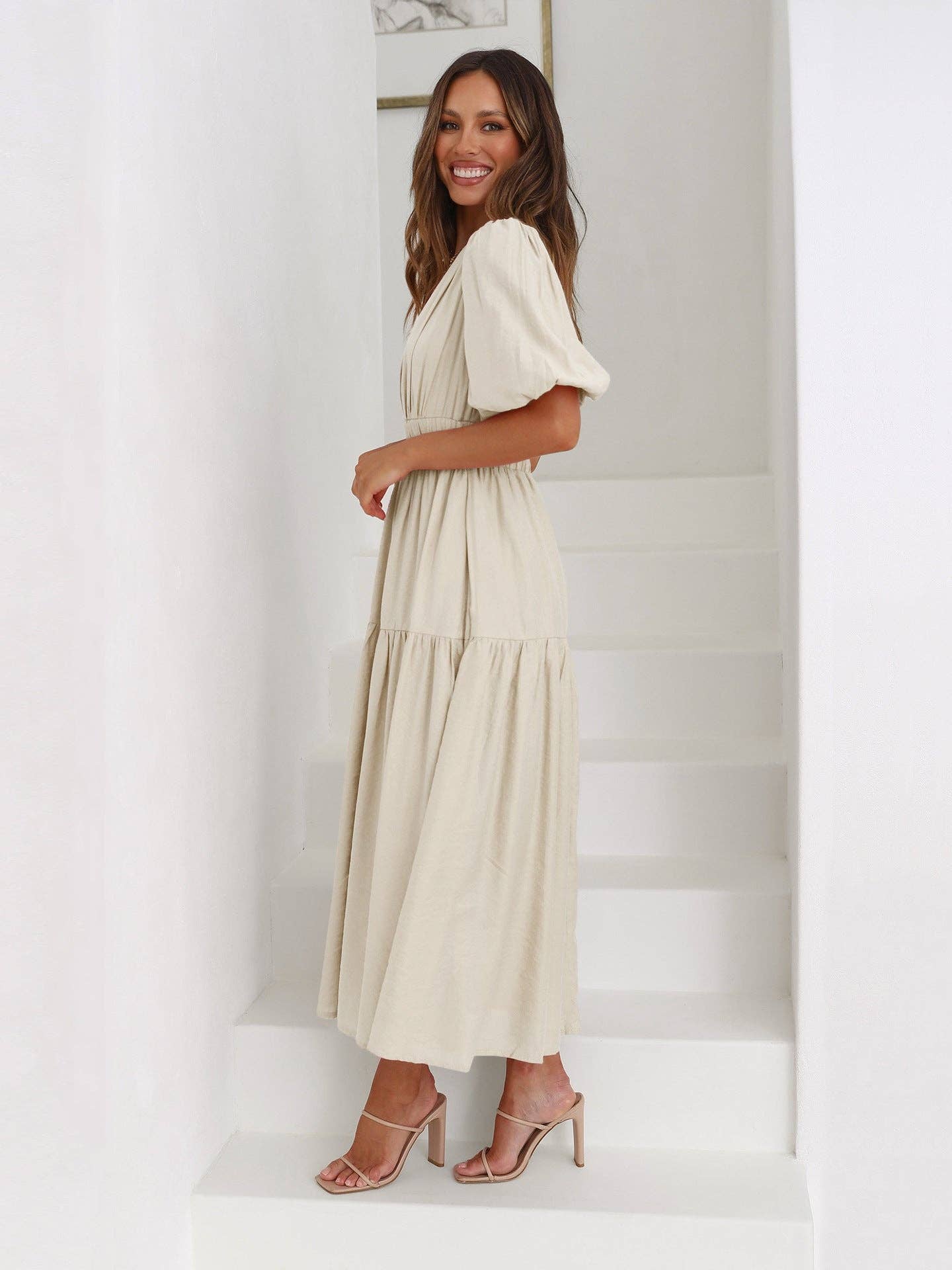 Ladies Bubble Sleeves V-Neck Daily Midis