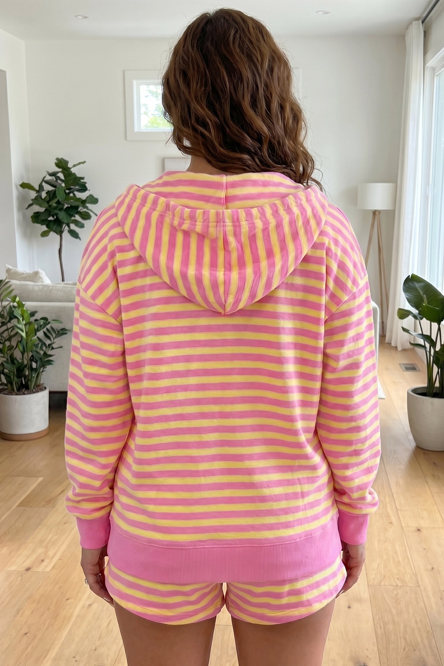 Rose Red Striped Long Sleeve Zip-Up Hoodie Drawstring Elastic Waist 2pcs Short Set