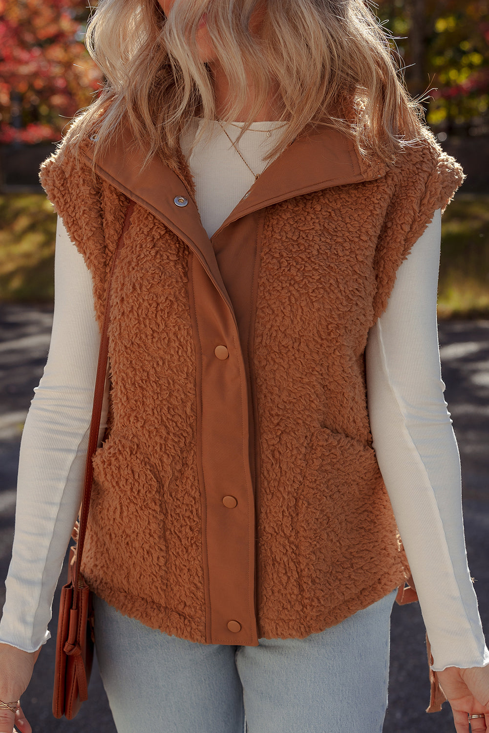 Cinnamon Faux Fur Snap Button Front Knot Side Plush Vest