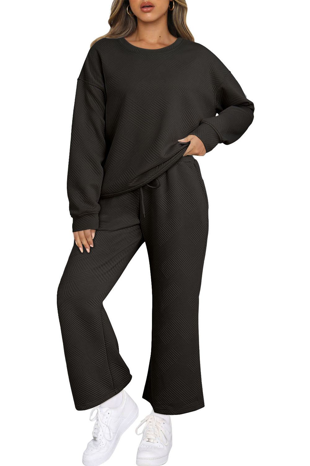 Dark Brown Textured Loose Slouchy Long Sleeve Top and Pants Set