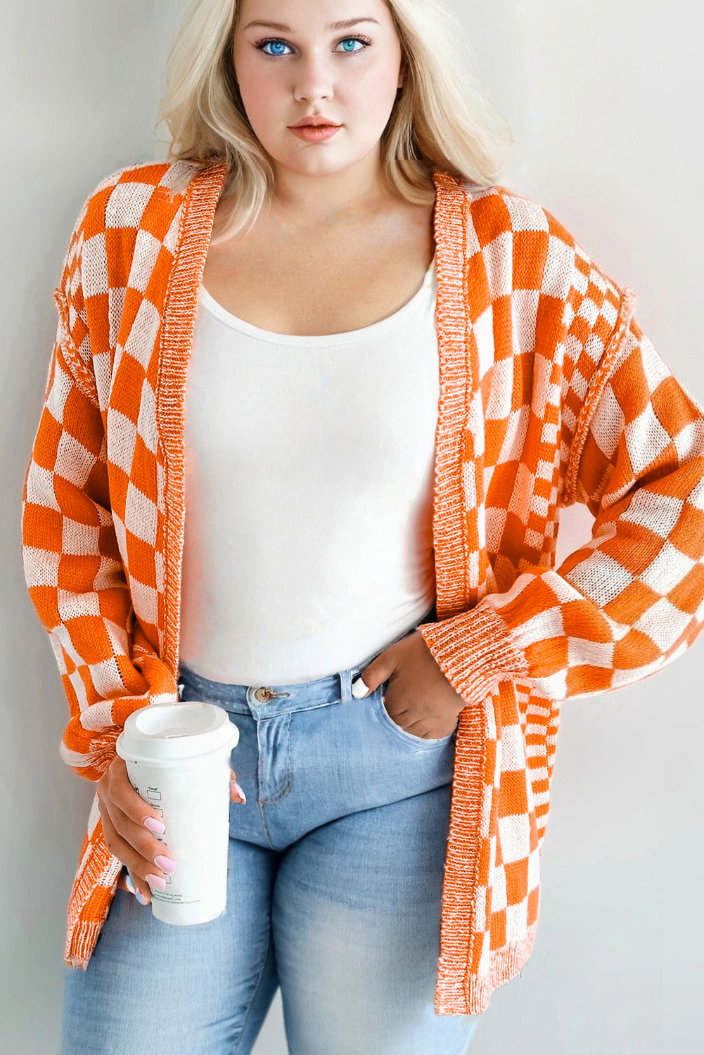 Orange Checkered Bubble Sleeve Plus Size Drop Shoulder Knit Cardigan
