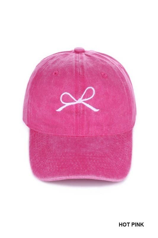 Coquette Ribbon Bow Embroidery Washed Hat: HOT PINK / 1 (ONE SIZE)