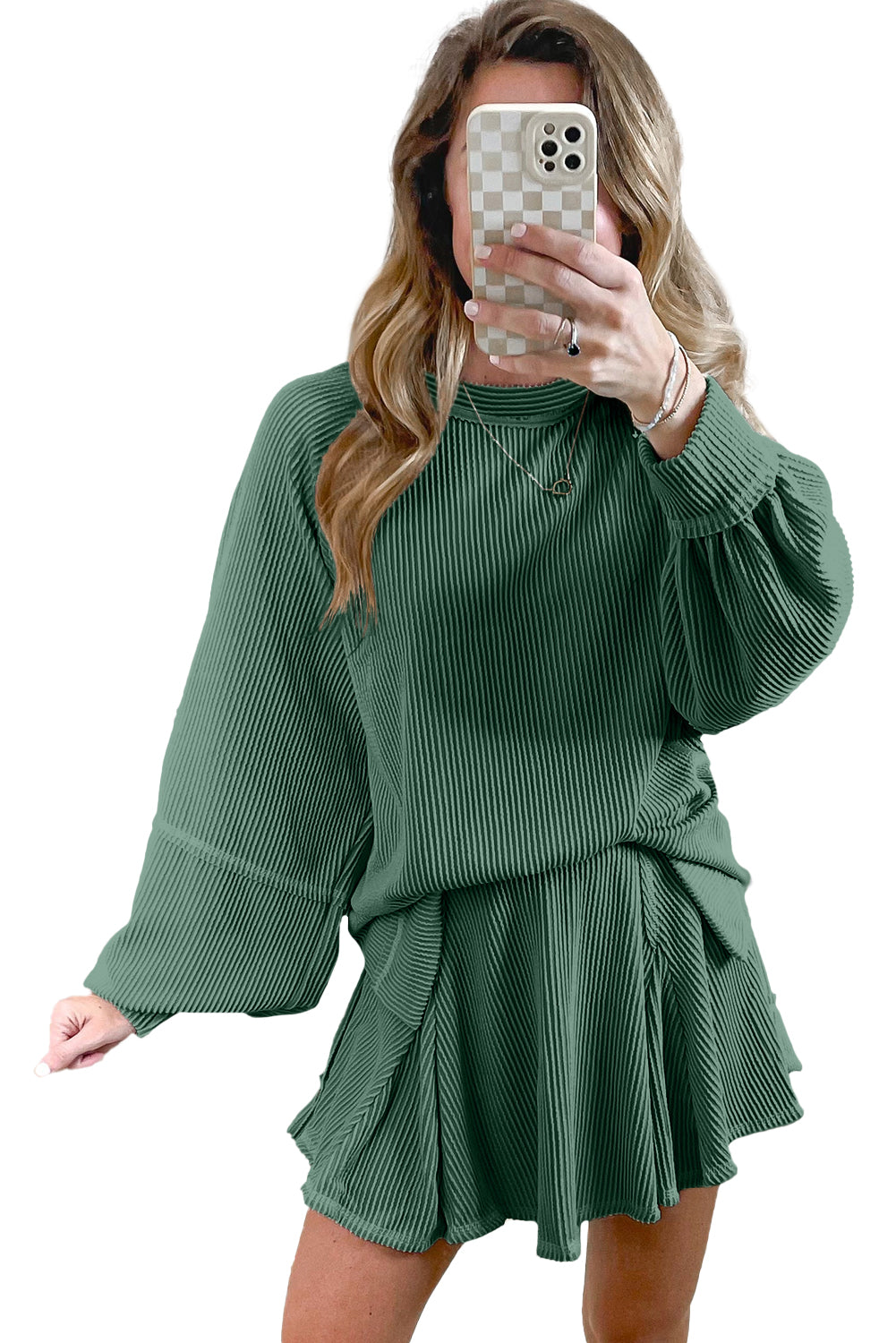 Sky Blue Corded Lantern Sleeve Top High Waist Ruffled Mini Skort Set
