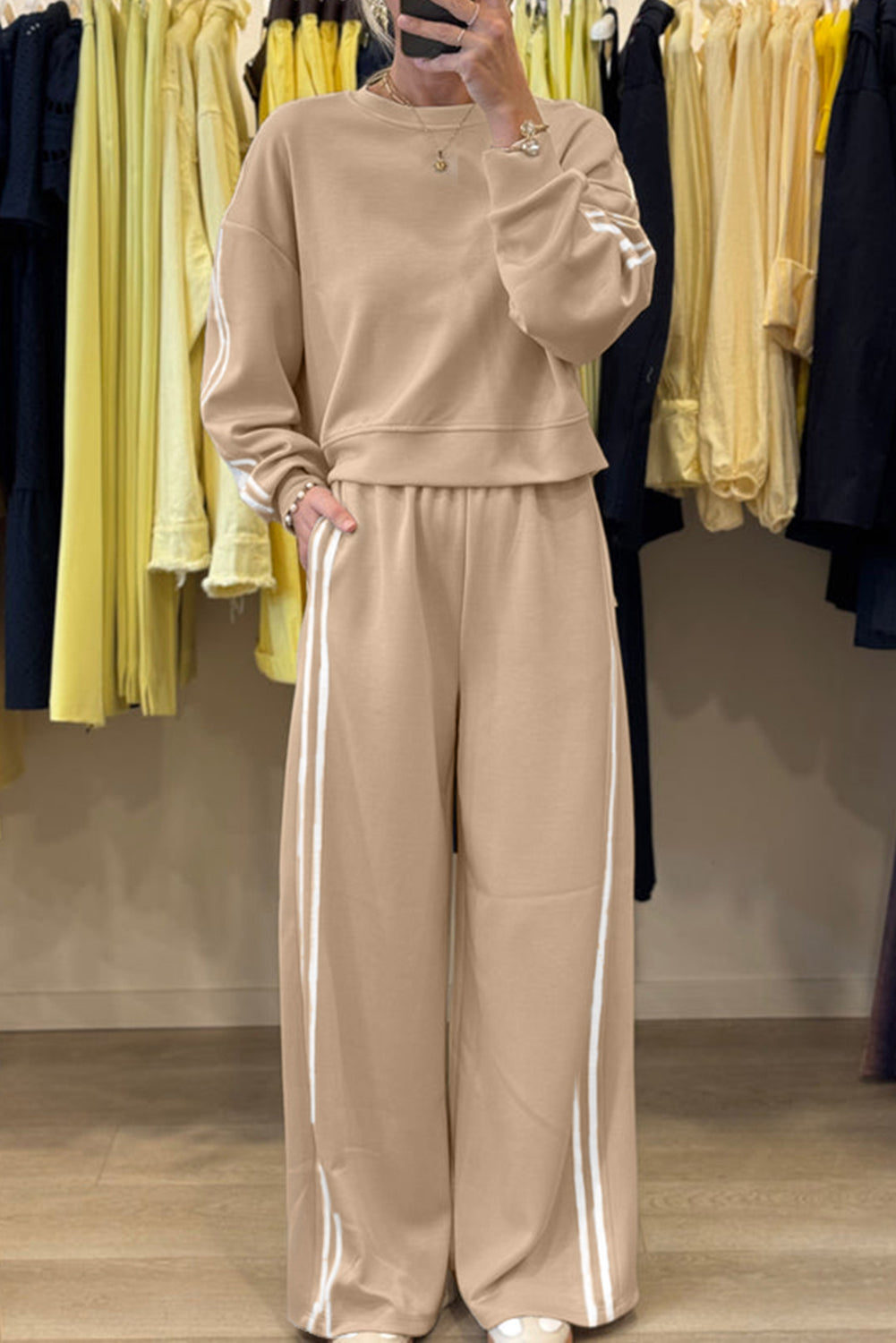 Dirty Blue Varsity Striped Detail Cropped Pullover Wide Leg Pants 2pcs Outfit