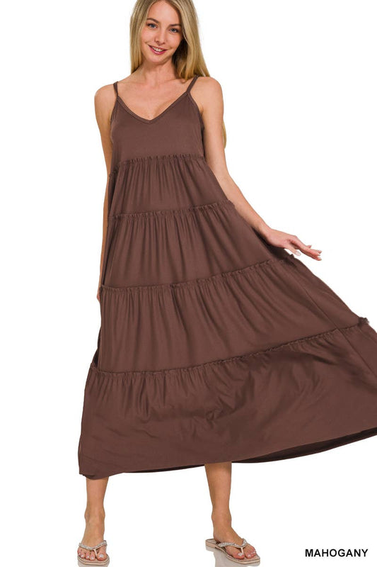 V-neck Cami Maxi Tiered Dress With Side Pockets