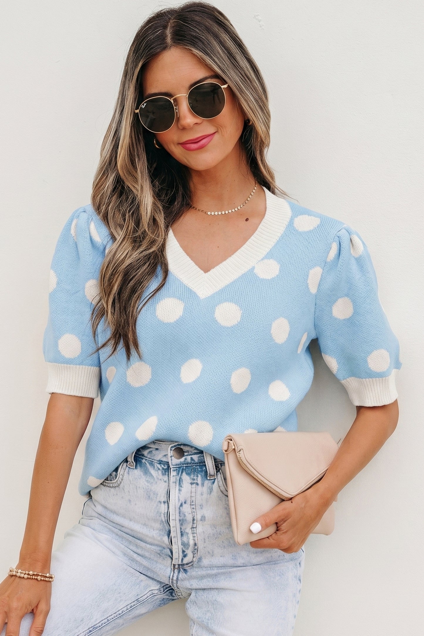 Pink Polka Dot Puff Short Sleeve Sweater Top