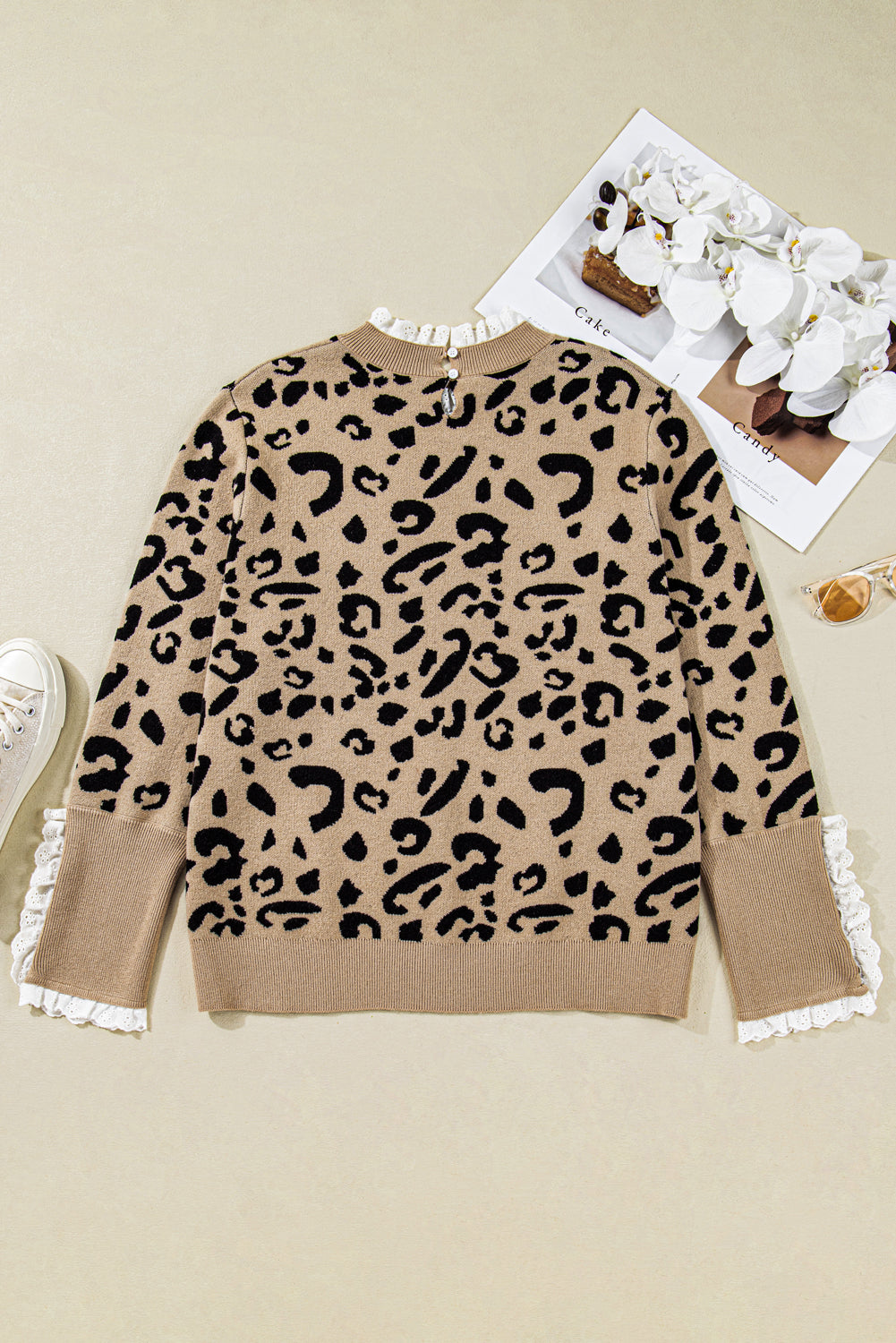 Brown Leopard Knitted Lace Trim Cuffed Plus Size Sweater