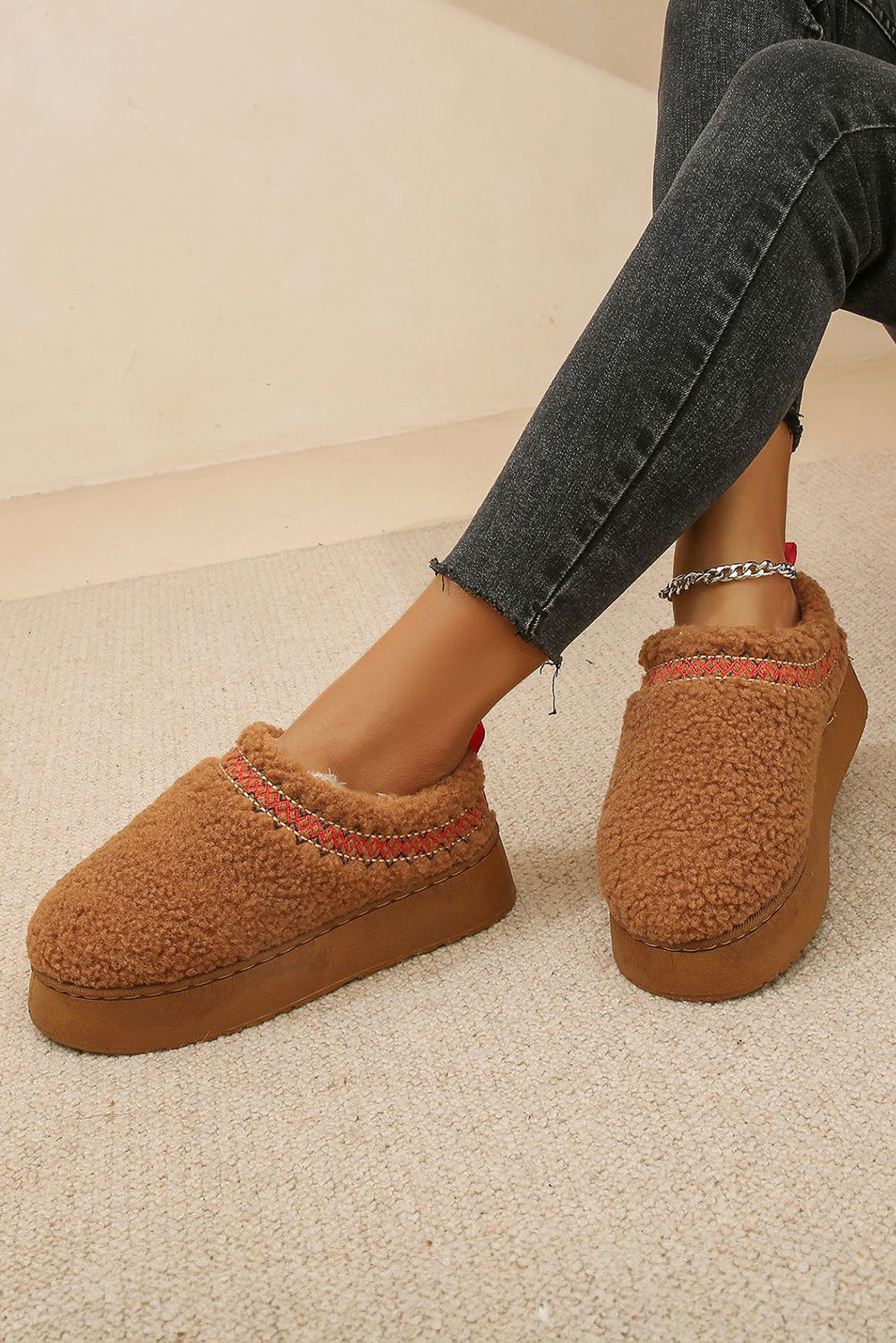 Oatmeal Warm Contrast Trim Plush Thick Sole Slippers