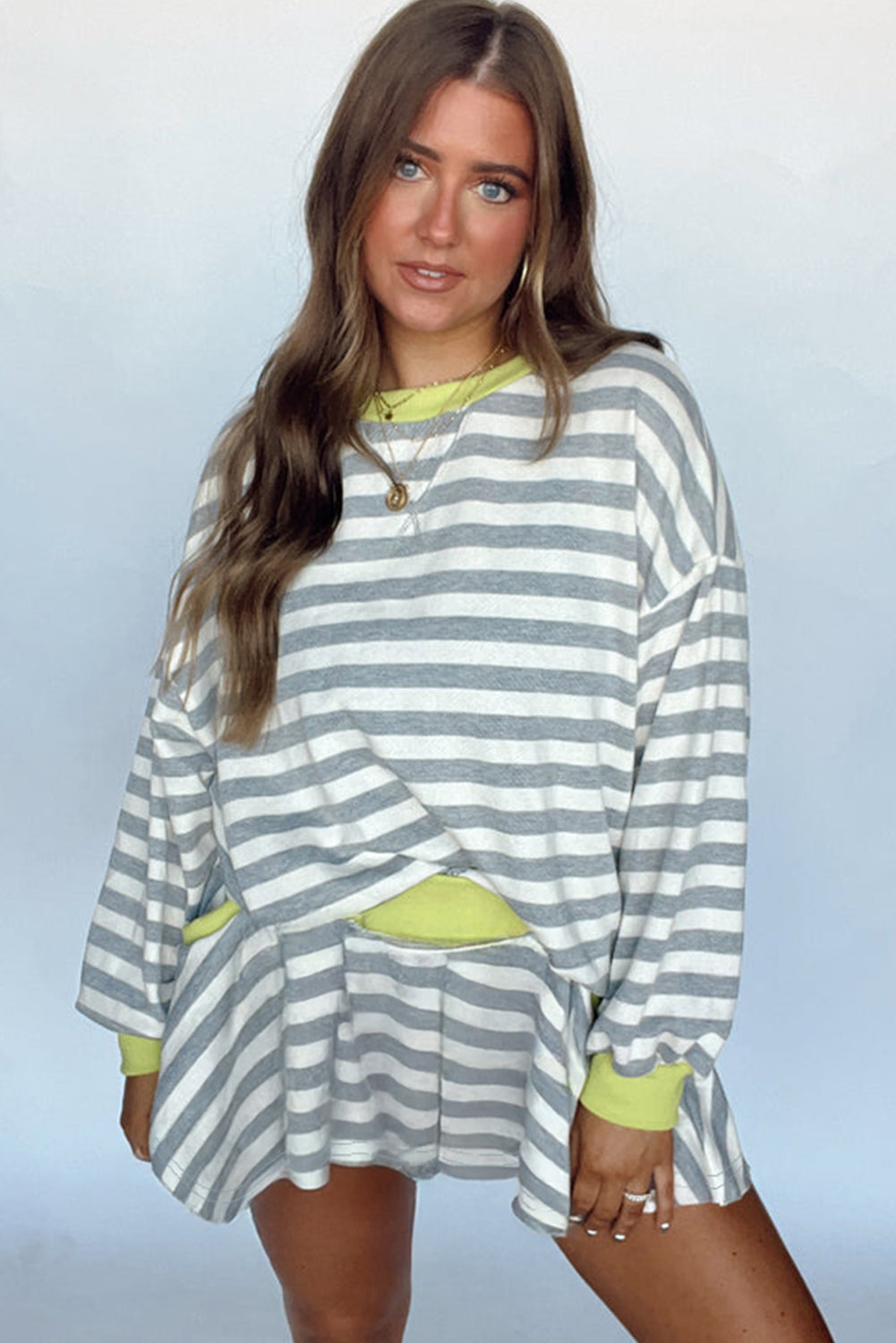 Gray Stripe Contrast Trim Long Sleeve Top and Shorts Set